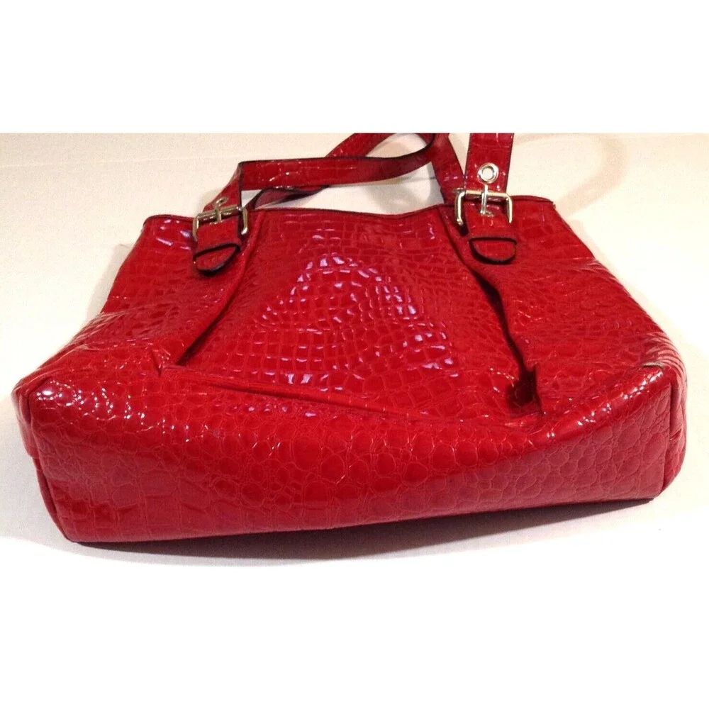 Bueno Tote Bucket Purse Large Red Glazed Bag Faux Croc Leather Travel Dbl Handle